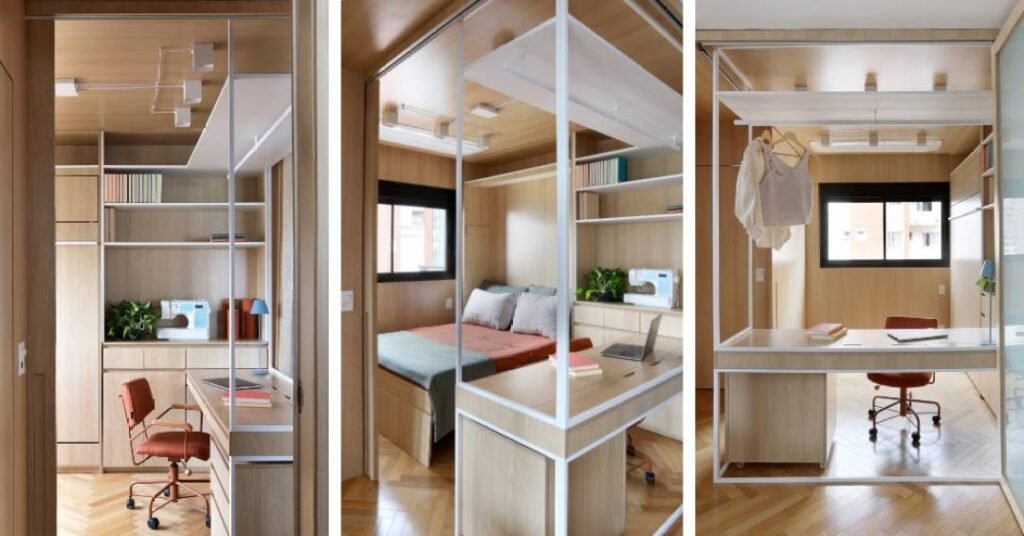 Quarto com cama oculta e home office pode ser integrado à sala deste apê