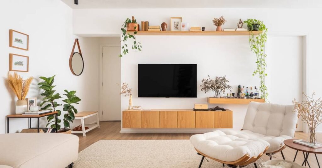 Apê leve tem rack sob medida que é bar e prateleira com plantas suspensas