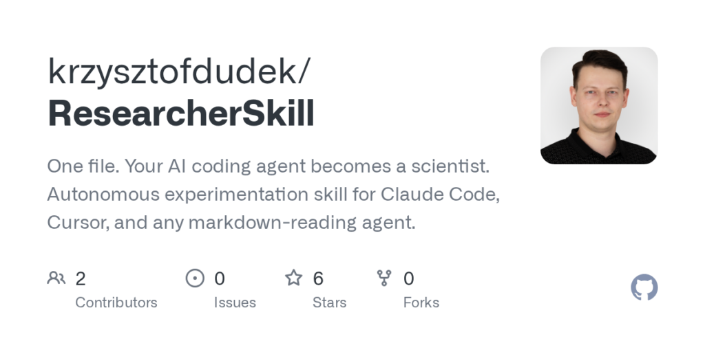 krzysztofdudek/ResearcherSkill: Um arquivo. Seu agente de codificação de IA se torna um cientista. Habilidade de experimentação autônoma para Claude Code, Cursor e qualquer agente de leitura de descontos. · Github