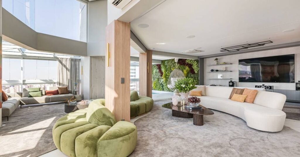 Penthouse luxuosa tem área de relaxamento com piscina e cromoterapia na sala