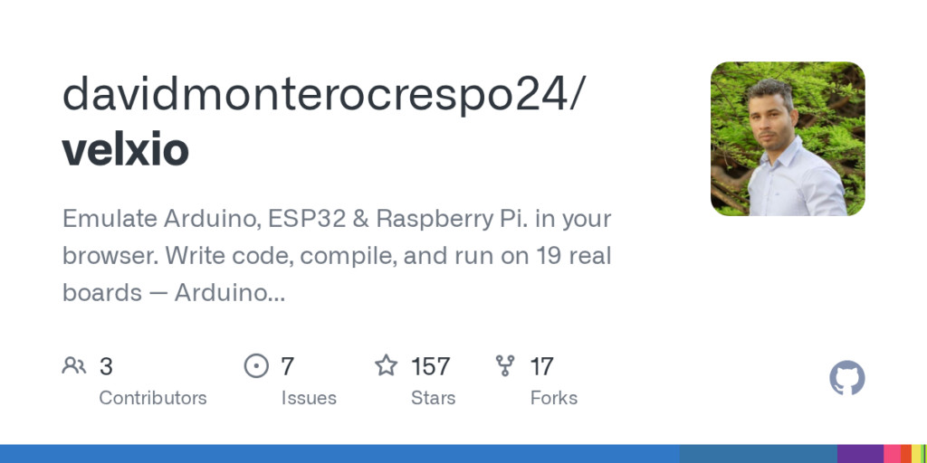GitHub - davidmonterocrespo24/velxio: Emular Arduino, ESP32 e Raspberry Pi. no seu navegador. Escreva código, compile e execute em 19 placas reais – Arduino Uno, ESP32, ESP32-C3, Raspberry Pi Pico, Raspberry Pi 3 e muito mais. Sem hardware, sem nuvem, sem limites.. Discord: https://discord.gg/rCScB9cG · GitHub
