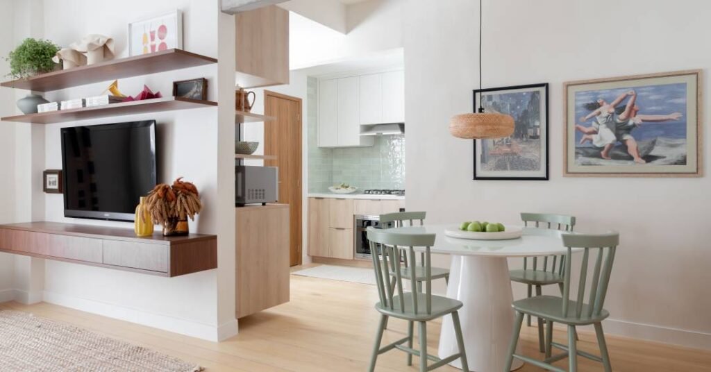 Cozinha vira sala de jantar após reforma em apartamento linear leve de 50 m²