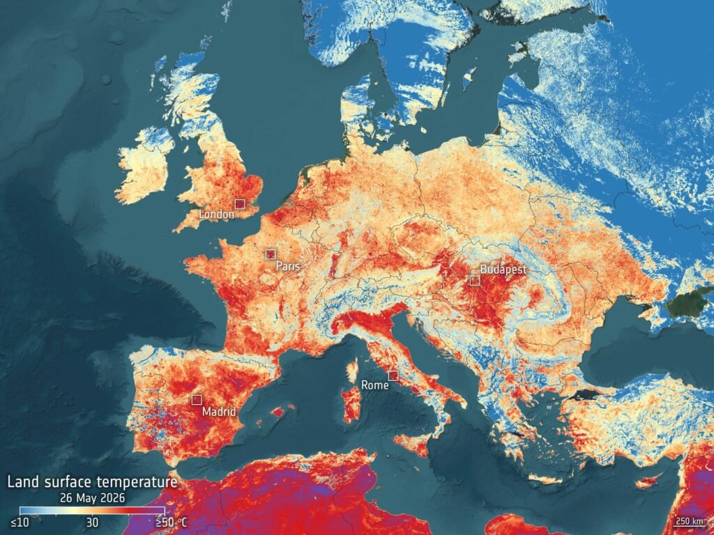 Superfícies quentes durante a onda de calor da Europa ‘vistas’ pelo Sentinel-3