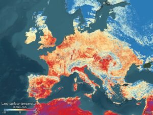 Superfícies quentes durante a onda de calor da Europa ‘vistas’ pelo Sentinel-3