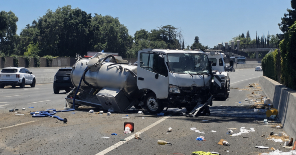 Acidente e derramamento de caminhão séptico retarda o tráfego na Interestadual 5 de Sacramento