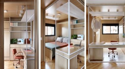 Quarto com cama oculta e home office pode ser integrado à sala deste apê
