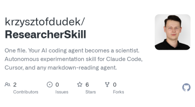 krzysztofdudek/ResearcherSkill: Um arquivo. Seu agente de codificação de IA se torna um cientista. Habilidade de experimentação autônoma para Claude Code, Cursor e qualquer agente de leitura de descontos. · Github