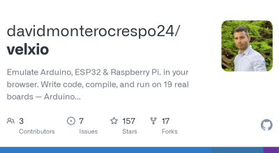 GitHub - davidmonterocrespo24/velxio: Emular Arduino, ESP32 e Raspberry Pi. no seu navegador. Escreva código, compile e execute em 19 placas reais – Arduino Uno, ESP32, ESP32-C3, Raspberry Pi Pico, Raspberry Pi 3 e muito mais. Sem hardware, sem nuvem, sem limites.. Discord: https://discord.gg/rCScB9cG · GitHub
